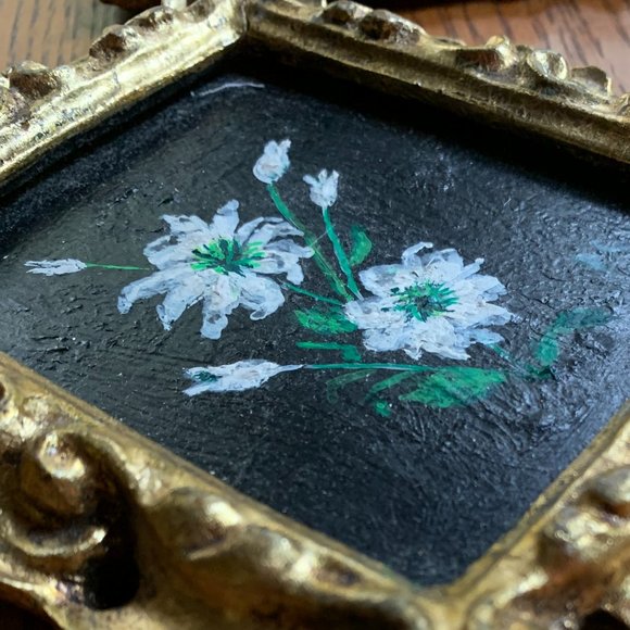 VTG 4 Floral Original Oil Paintings Gold Frames Black Philippa Connolly 1970 - Picture 9 of 16